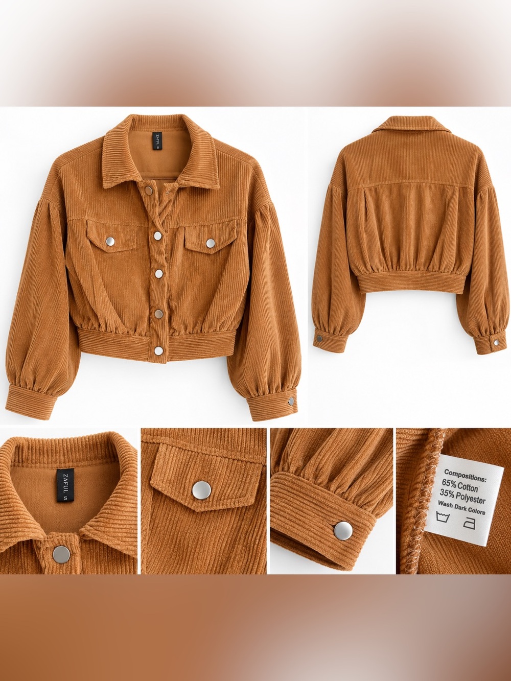 ZAFUL Camel Corduroy Cropped Balloon Sleeve Jacket S